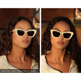 Memori sunglasses on a model with a small face, shown from two angles. The frame has a dramatic, elegant vibe and looks great on the model's narrow face. 