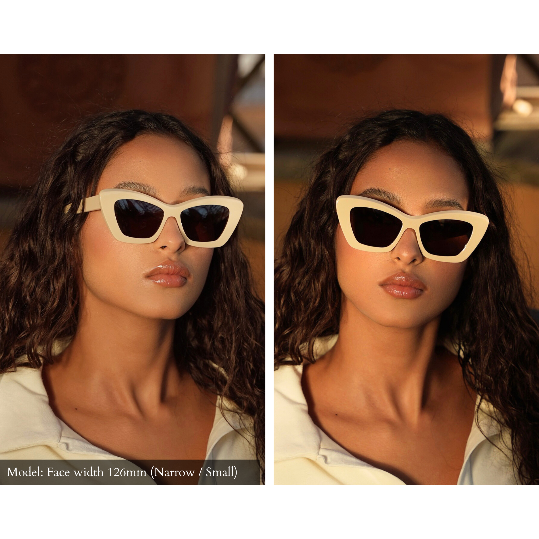 Memori sunglasses on a model with a small face, shown from two angles. The frame has a dramatic, elegant vibe and looks great on the model's narrow face. 
