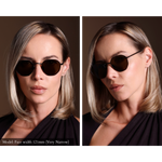Model wearing black hexagonal polarized memori sunglasses. Model has a very narrow face and these sunglasses fit her perfectly. 
