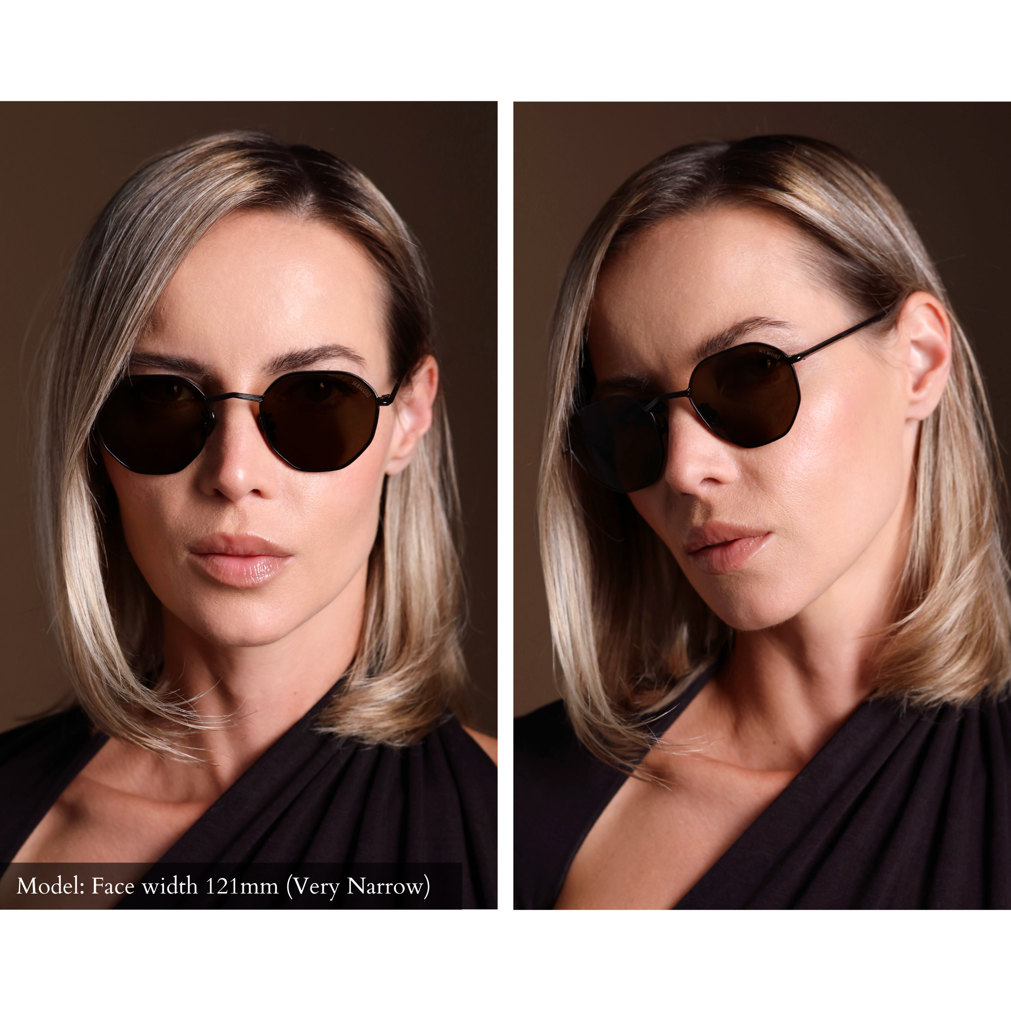Model wearing black hexagonal polarized memori sunglasses. Model has a very narrow face and these sunglasses fit her perfectly. 