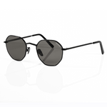 3/4 view of black sunglasses designed for small face shape. Features black polarized lenses and black metallic ceramic nose pads. 