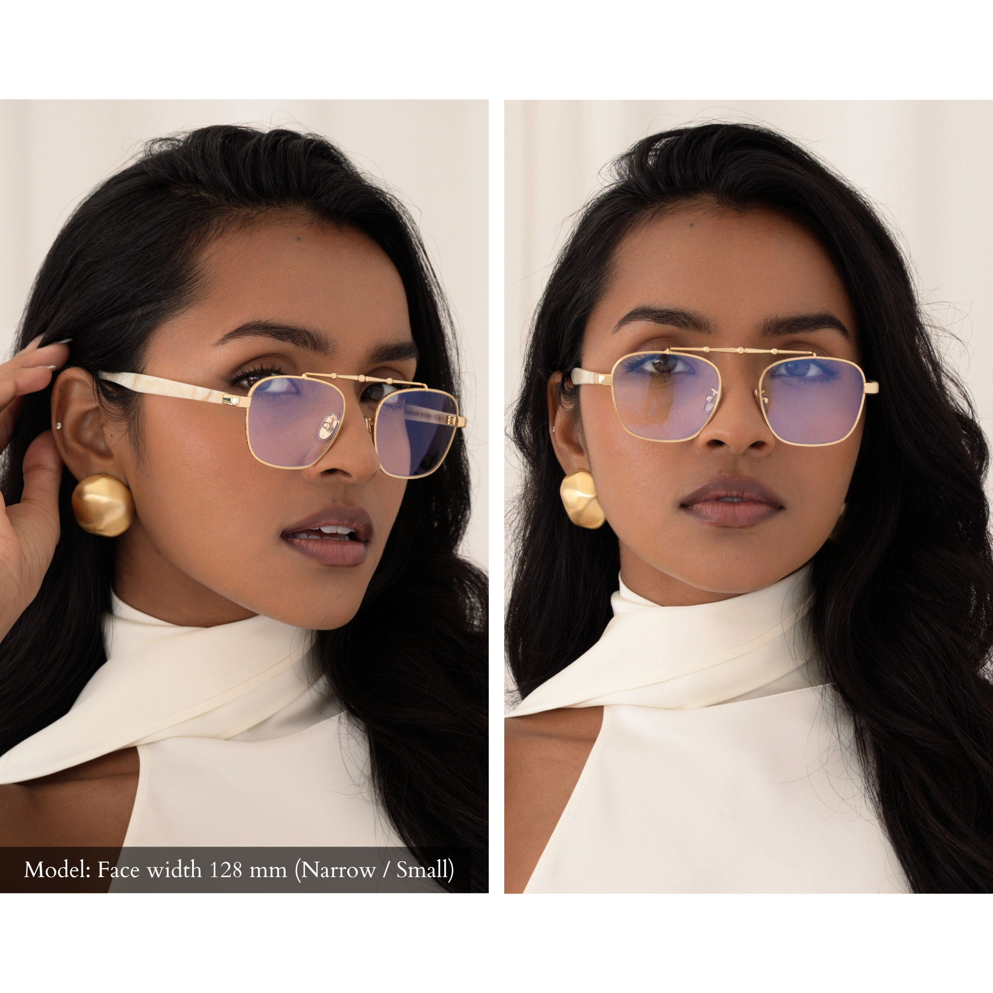 side by side photo of female model wearing memori balaustra aviator glasses. Model is labeled as having a narrow/small face shape. one photo facing the camera, one photo with the head turned so we can see the temple arm. Glasses feature cream, light brown, and beige marbled acetate temple arms, and an ornate metal brow bar inspired by antique railings. Transparent lenses. memori logo visible on external side of one temple arm. 