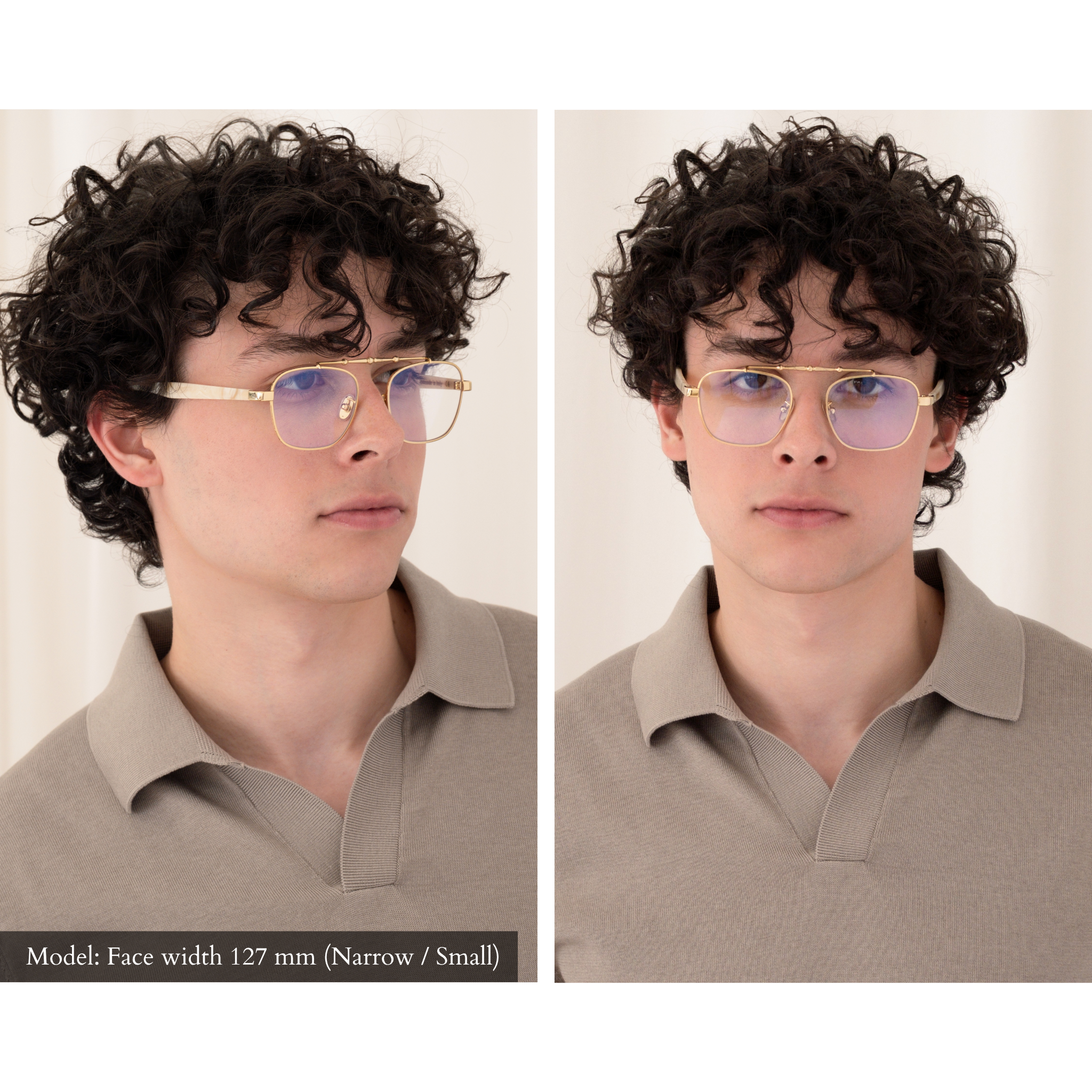 side by side photo of male model wearing memori balaustra aviator glasses. Model is labeled as having a narrow/small face shape. one photo facing the camera, one photo with the head turned so we can see the temple arm. Glasses feature cream, light brown, and beige marbled acetate temple arms, and an ornate metal brow bar inspired by antique railings. Transparent lenses. memori logo visible on external side of one temple arm. 