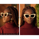 Ivory white cat eye sunglasses photographed on a model with a very small face. Becuase memori sunglasses are designed for a small face, these sunglasses do not appear oversized on her petite face