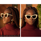 Ivory white cat eye sunglasses photographed on a model with a very small face. Becuase memori sunglasses are designed for a small face, these sunglasses do not appear oversized on her petite face