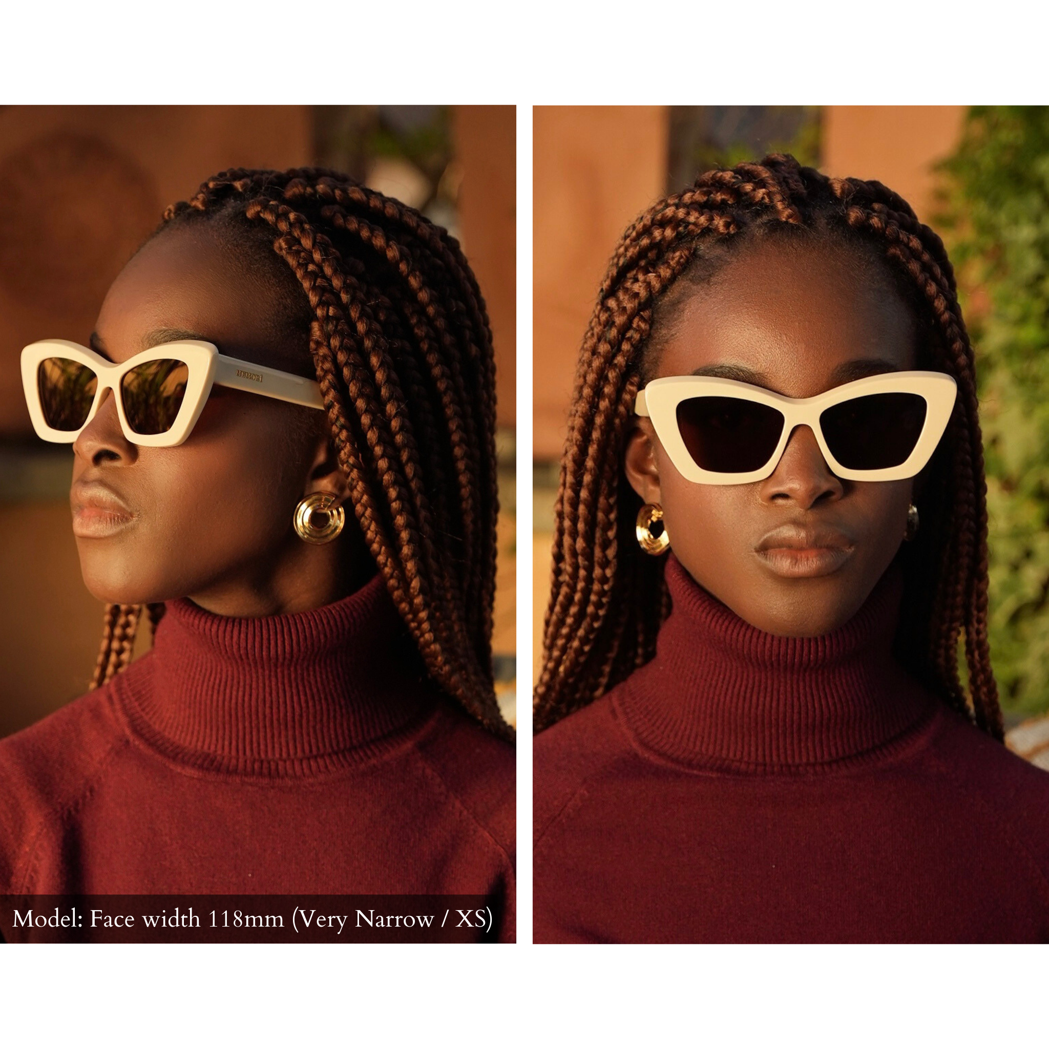 Ivory white cat eye sunglasses photographed on a model with a very small face. Becuase memori sunglasses are designed for a small face, these sunglasses do not appear oversized on her petite face