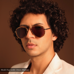 Model wearing the Memori Aviator sunglasses frame. View is from the front, the hexagonal nose bridge and the tortoise acetate inlay sheaths add a lot of individualism into a classic frame shape. 