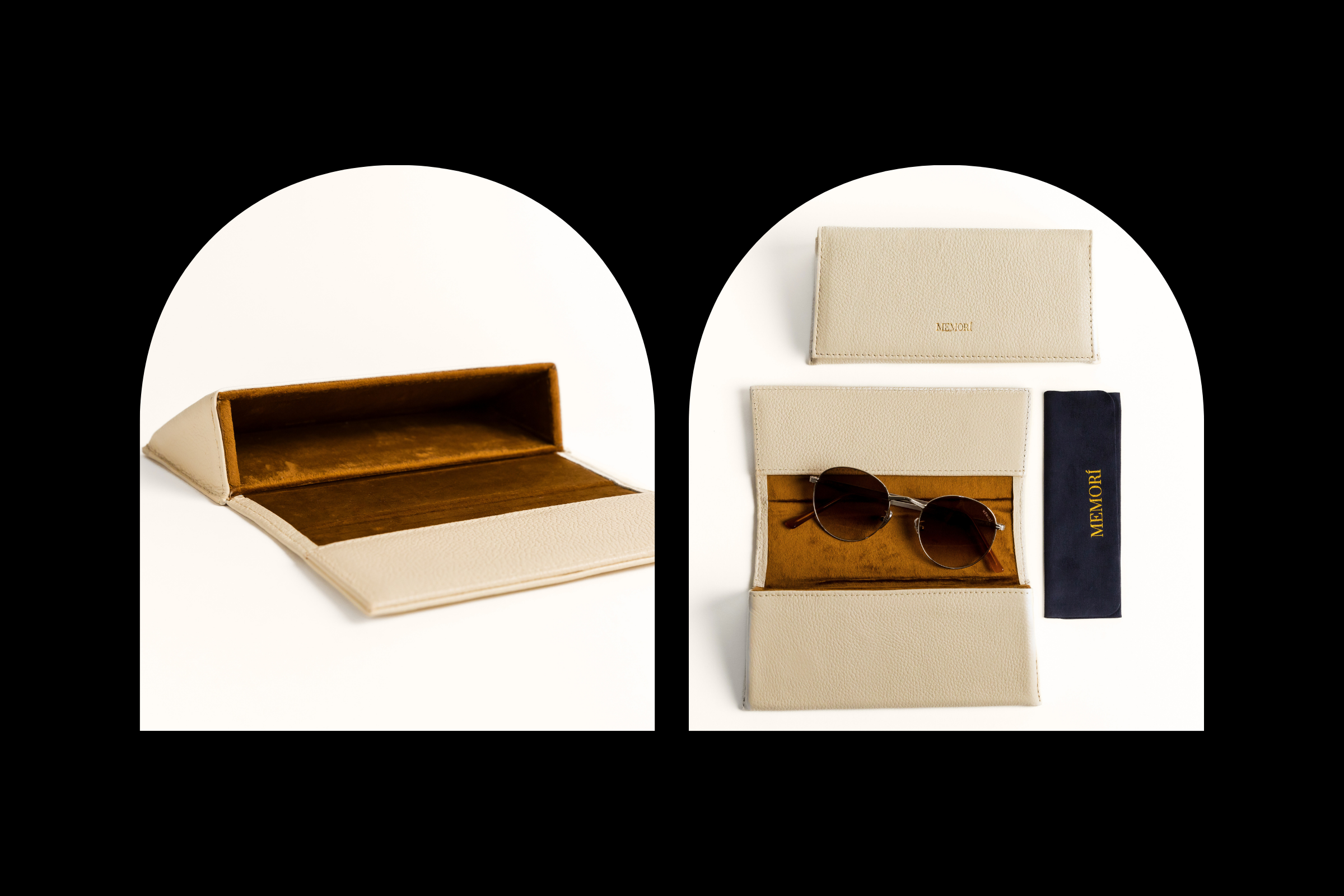 side by side image displaying the protective leather glasses case that ships with memori sunglass purchase. Case is handmade with genuine leather. This luxury eyewear case is durable and high quality. 