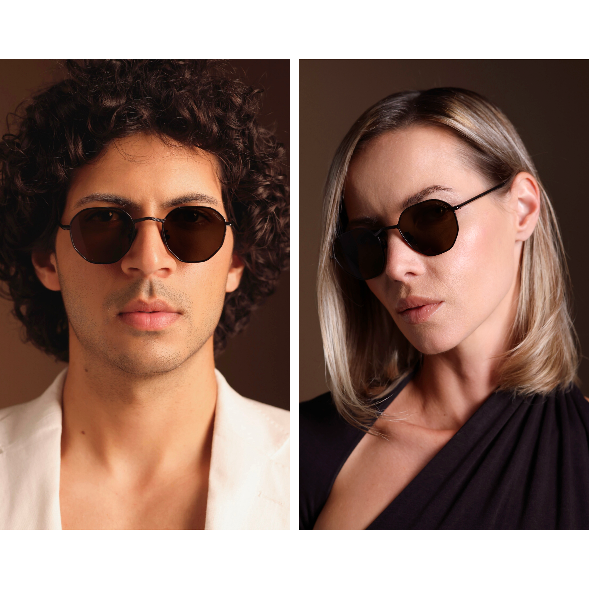 Side by side of models wearing Memorí small fit black polarized sunglasses