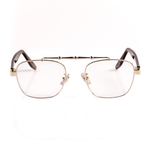 Silver framed blue light glasses with tortoise temple arms and a detailed metal upper brow bar on a white background. 