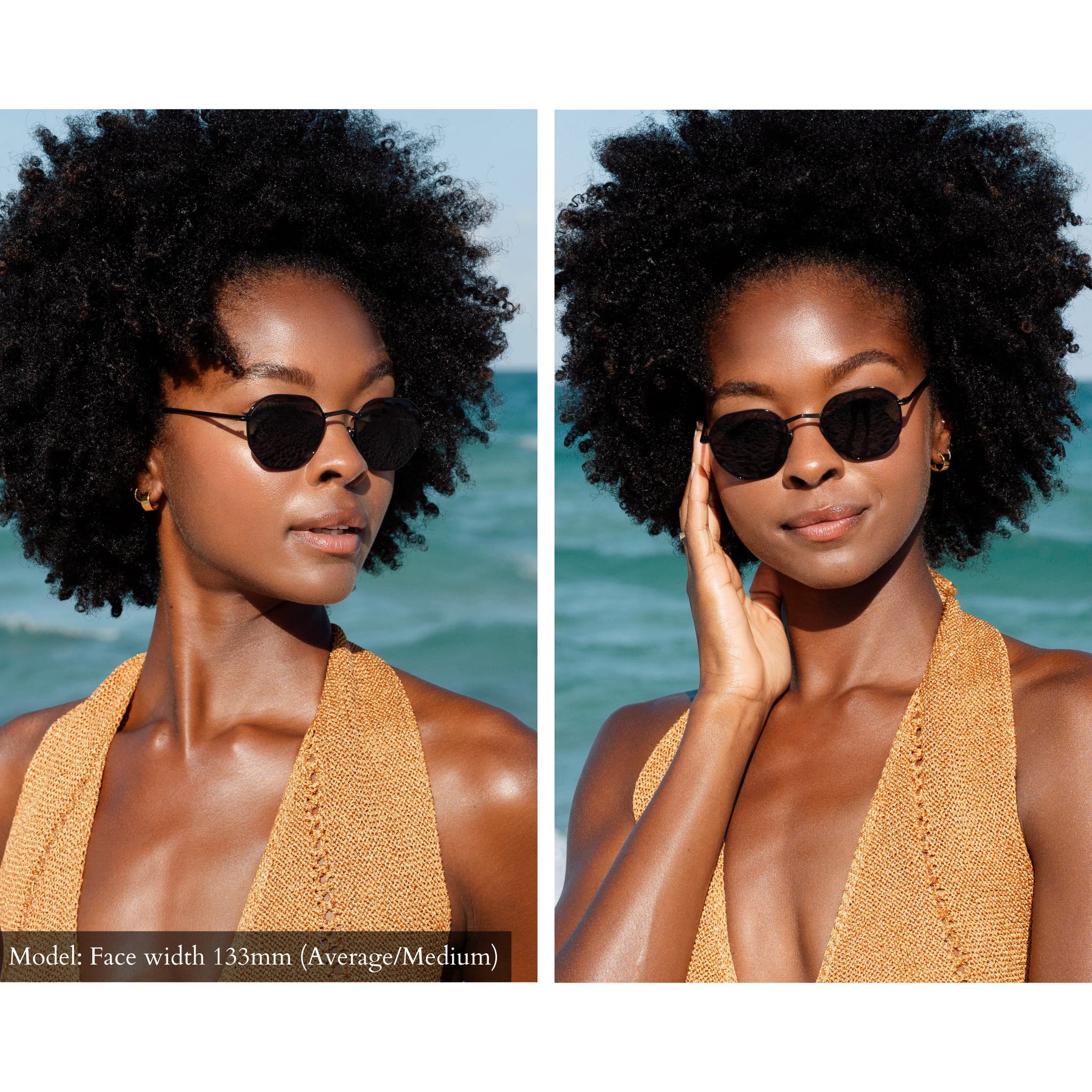 Model wearing Memorí sunglasses in a beach setting. Although these black hexagon sunglasses were designed for a small face, they still look beautiful on the model who has an average face shape. 
