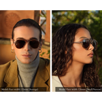 memori sunglasses in the aviator style, as modeled by a male and female model. Unisex design means both men and women look great in this style. the man on the left has an average width face, and the sunglasses fit him. They are slightly too small, but they look good. The model on the right has a small face, and these memory aviator sunglasses fit her perfectly. 