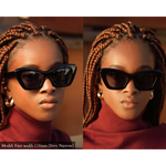 Model with very narrow face wearing black cat eye sunglasses in size small from 2 angles
