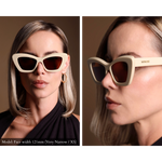 Memori ivory cat eye sunglasses as worn by a model with a very narrow, extra small face. Forward looking photo shows dramatic shape and dark brown lens, while side view photo shows the beautiful angled top of the frame