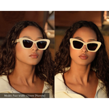 Ivory cat eye sunglasses on narrow face side by side comparison on model